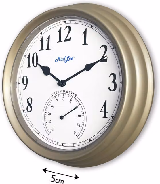 Audlee Round Analog Wall Clock with Thermometer in Champagne Gold