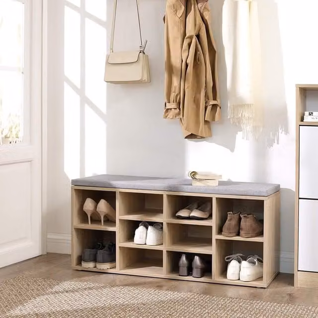 VASAGLE 10 Compartment Shoe Bench Storage Unit with Grey Fabric Cushion in Natural Wood
