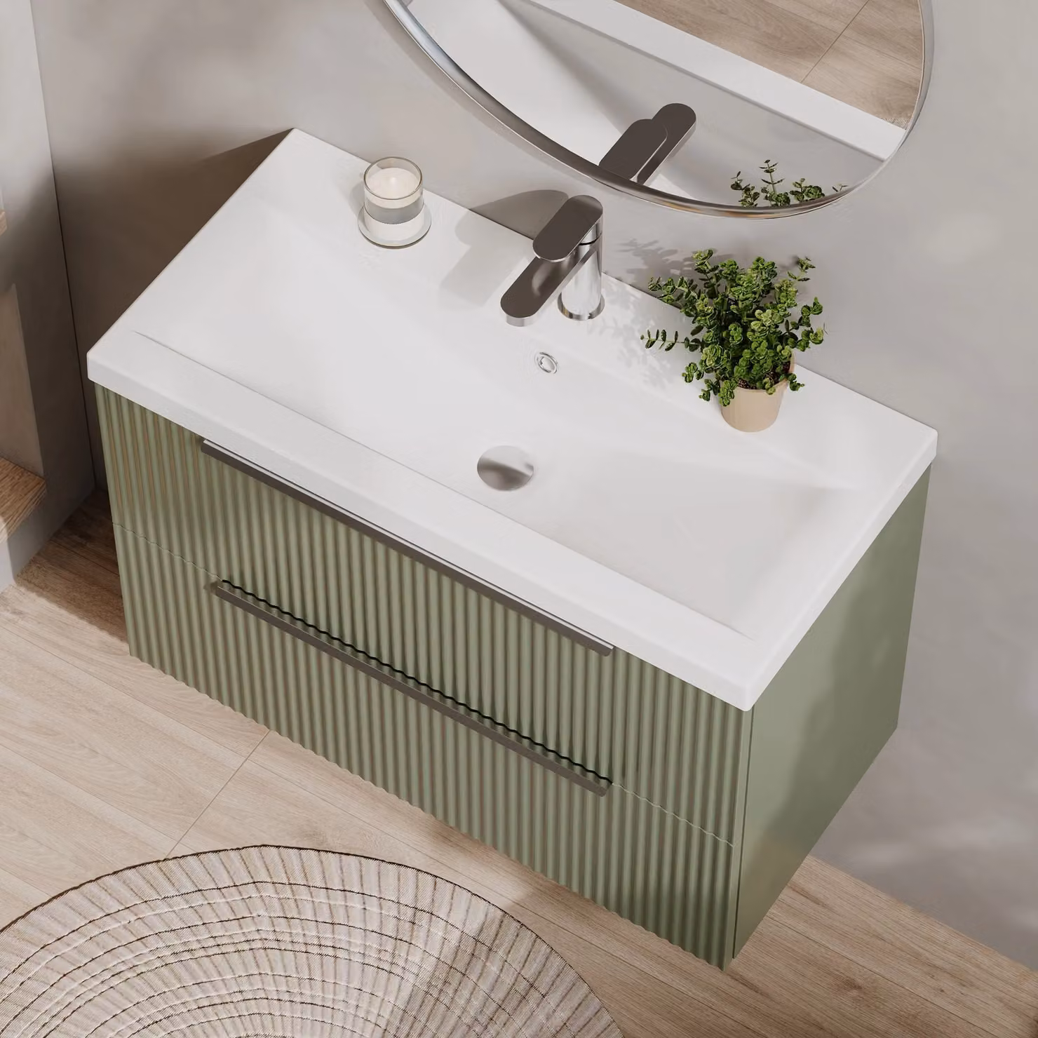 Balterley Fluted Wall Hung 2 Drawer Vanity Basin Unit and Basin, Satin Green, Width: 80 cm – 3