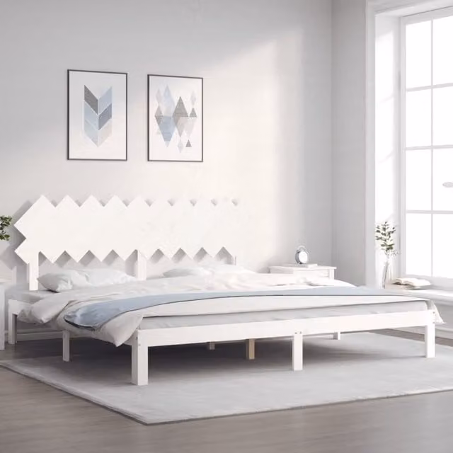 Berkfield Home Solid Wood Pine Bed Frame with Headboard in White, 200 x 200 cm – 1