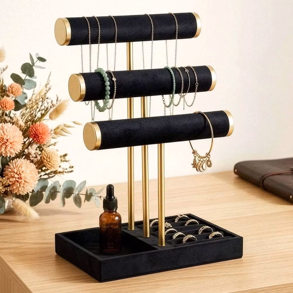 Kelvenix Black and Gold 3-Tier Jewelry Stand with Tray and Bracelet T-Bar – 3