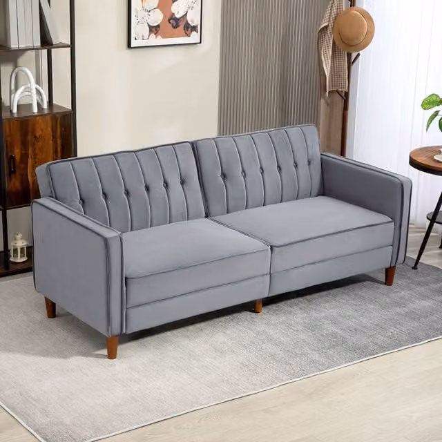 HOMCOM Convertible Velvet Futon Sofa Bed in Grey