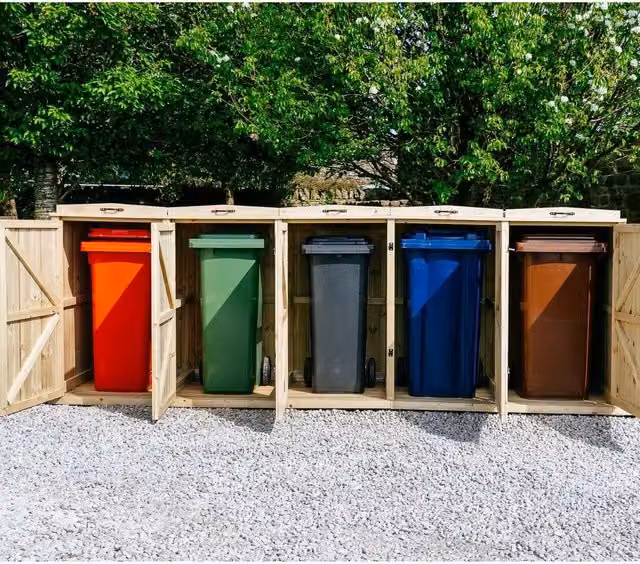 Buttercup Farm Chatburn Quintet Timber Wheelie Bin Store in Brown, Fits 5 x 140L Bins, W: 120 cm, D: 64 cm, H: 297 cm