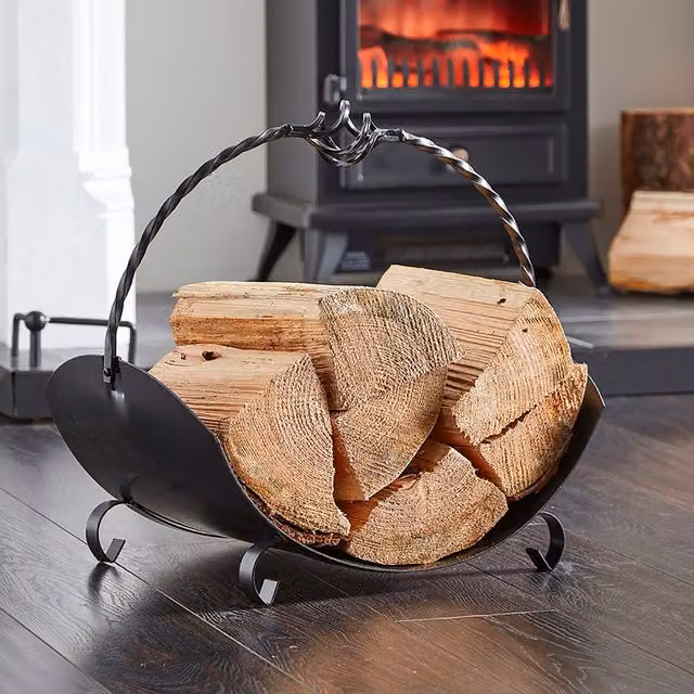 Inglenook Fireside Products Black Metal Folding Log Rack with Ornate Handle