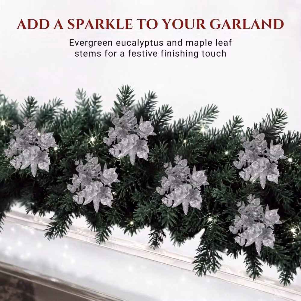 Shatchi Silver Glitter Eucalyptus and Maple Leaf Pick, 6 Pack, Height: 17 cm – 5
