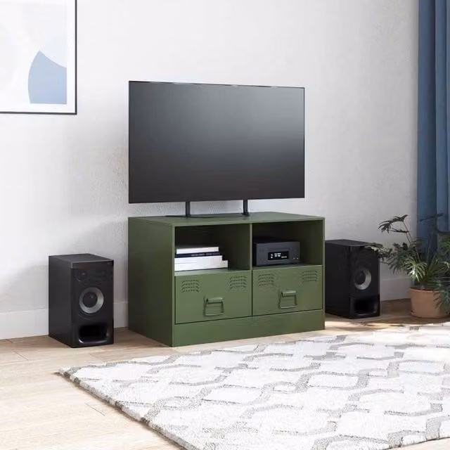 Berkfield Home Industrial Steel TV Cabinet in Olive Green, W: 67 cm, D: 39 cm, H: 44 cm