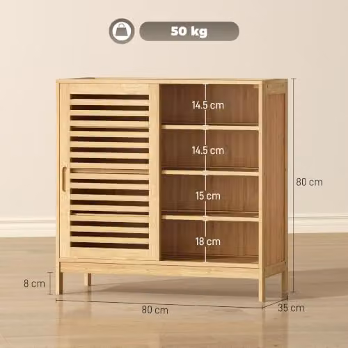 HOMCOM Bamboo Shoe Cabinet with 2 Sliding Slat Doors in Natural, W/D/H: 80 x 35 x 80 cm – 3