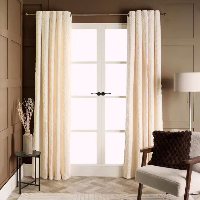OHS Cream Cable Knit Fleece Thermal Eyelet Curtains