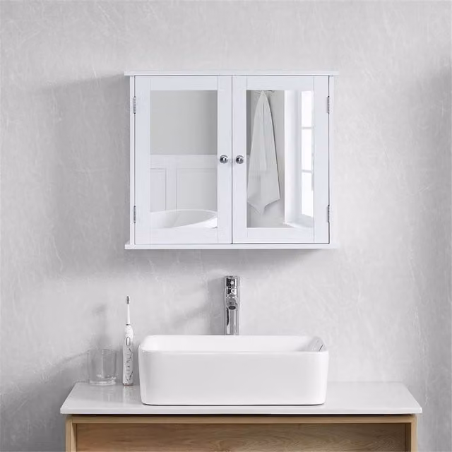 SPETLEK White Wall-Mounted Bathroom Storage Cabinet with 2 Mirrored Hinged Doors