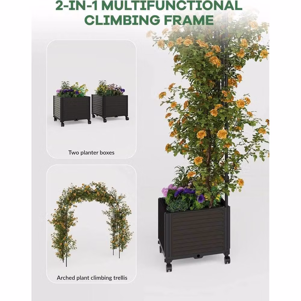 VOGREX Black Metal Garden Arch with Trellis Planter Box and Wheels, Height: 100 cm – 3