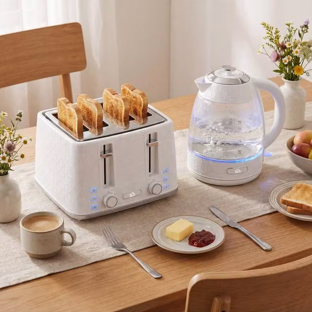 HOMCOM Kettle and Toaster Set in Beige and White with Glass Elements
