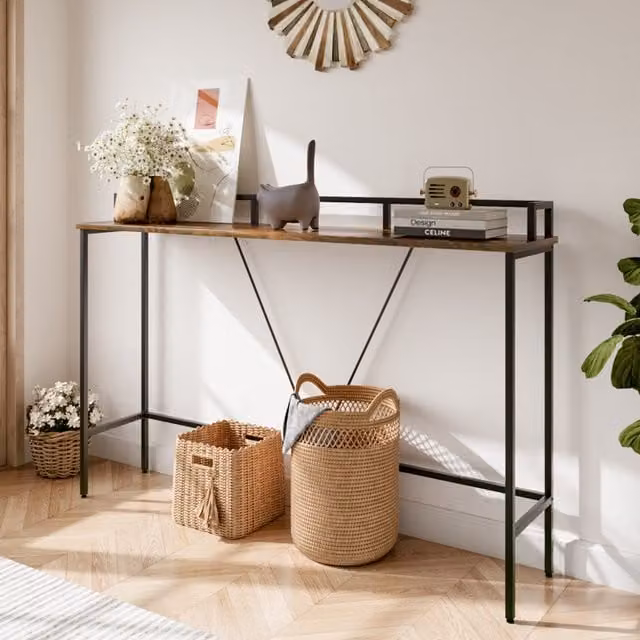 Livingandhome Rustic Brown and Black Wood and Metal Slim Rectangular Console Table