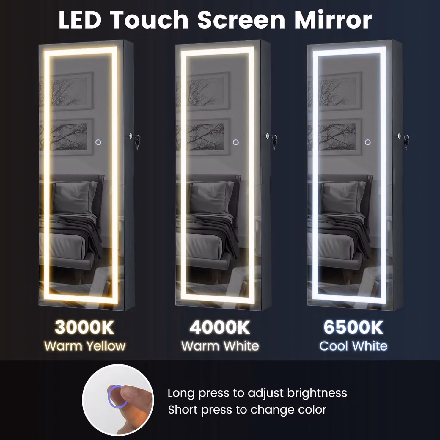 Costway Lockable Jewelry Mirror Cabinet with 3-Colour LED Lighting, Black, Height: 108 cm – 4