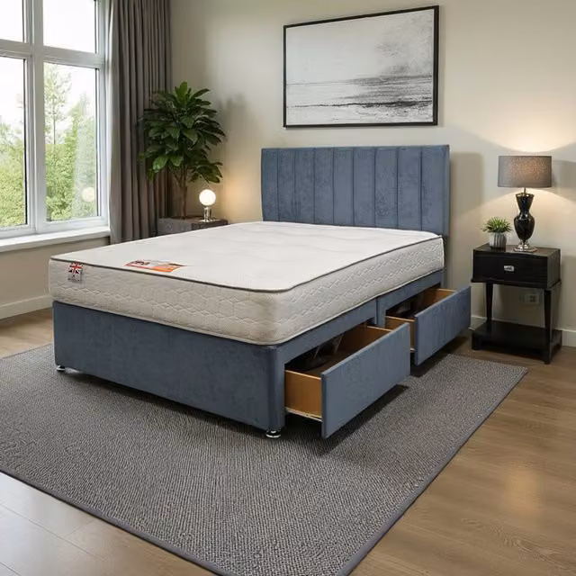 Knight Sleep Paris Plush Bed Set with Mattress and 2 Drawers in Sky Blue, King Size, W/D/H: 180 x 200 cm