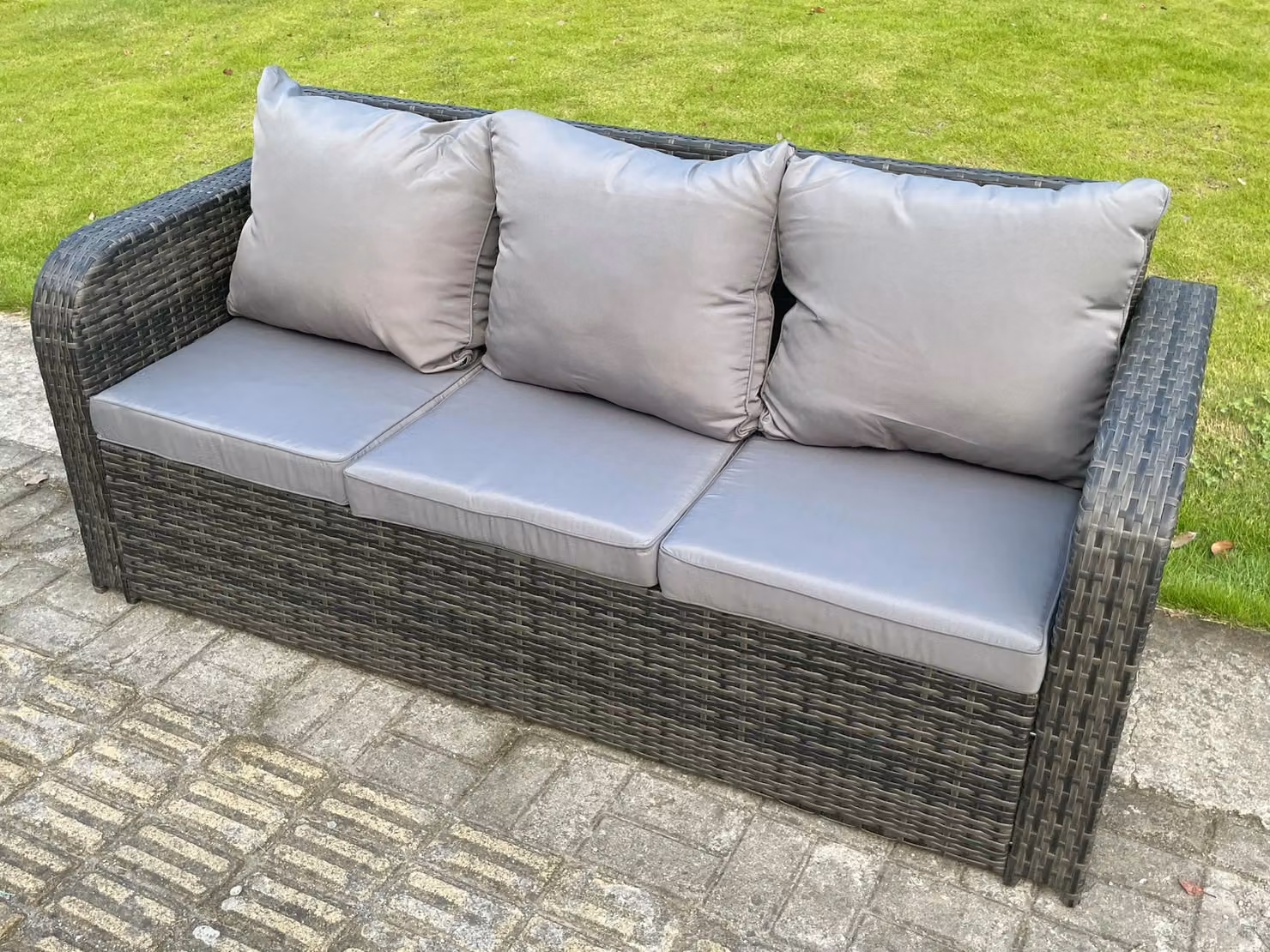Fimous Rattan Garden Dining Set with Gas Fire Pit Table, Side Table and 3 Seater Sofa in Dark Grey – 2