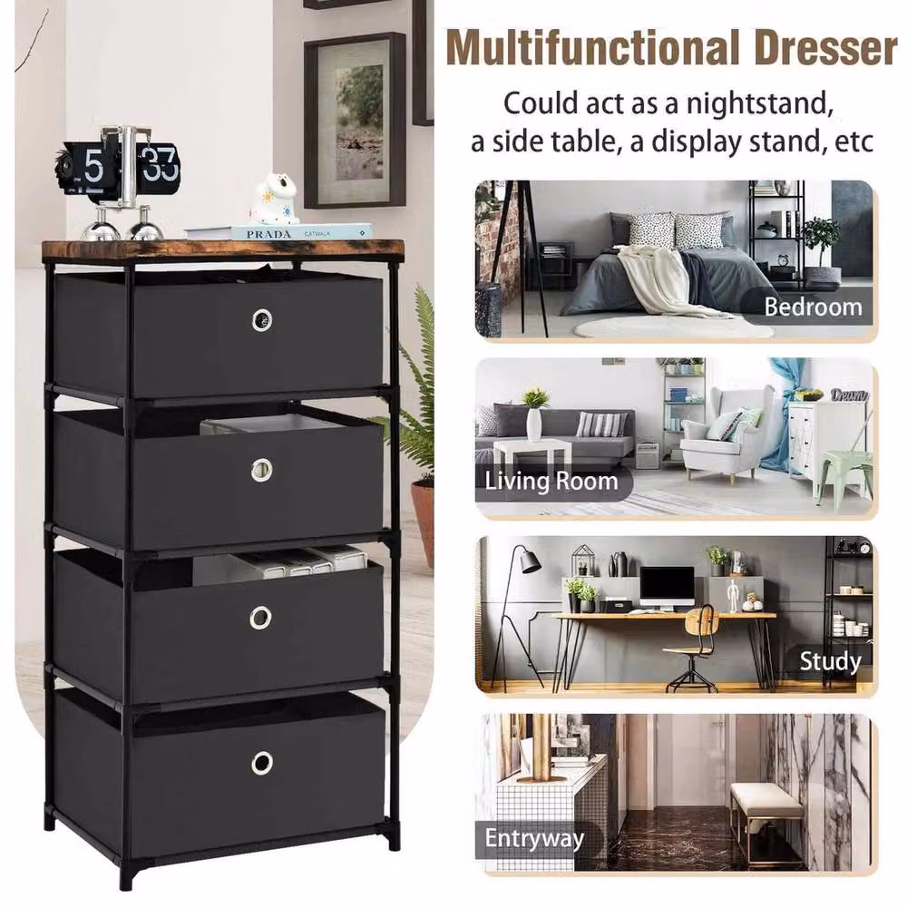 VOGREX Black 4-Tier Fabric and Metal Freestanding Storage Dresser – 6