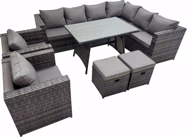 Fimous Dark Grey Mixed Rattan Garden Furniture Set with Dining Table, 2 Chairs and 2 Stools