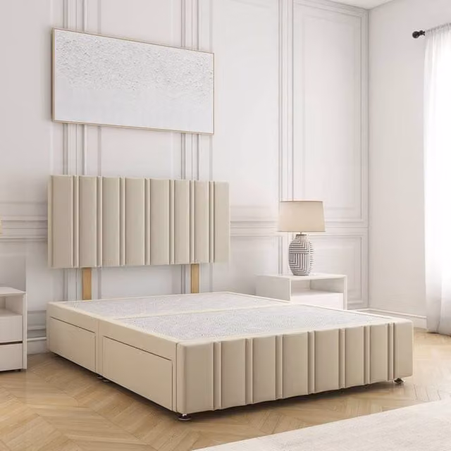 BSSPOKE Isabella Super King Divan Bed in Beige Velvet with 24 inch Headboard and 2 Drawers on Same Side