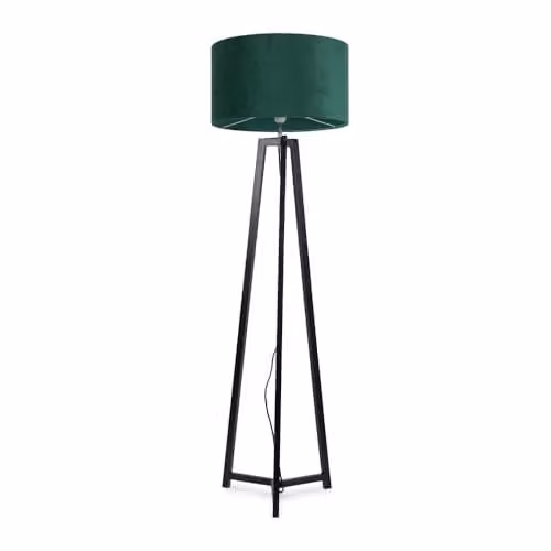 ValueLights Black Wood Tripod Floor Lamp with Forest Green Velvet Drum Lampshade and Included LED Bulb