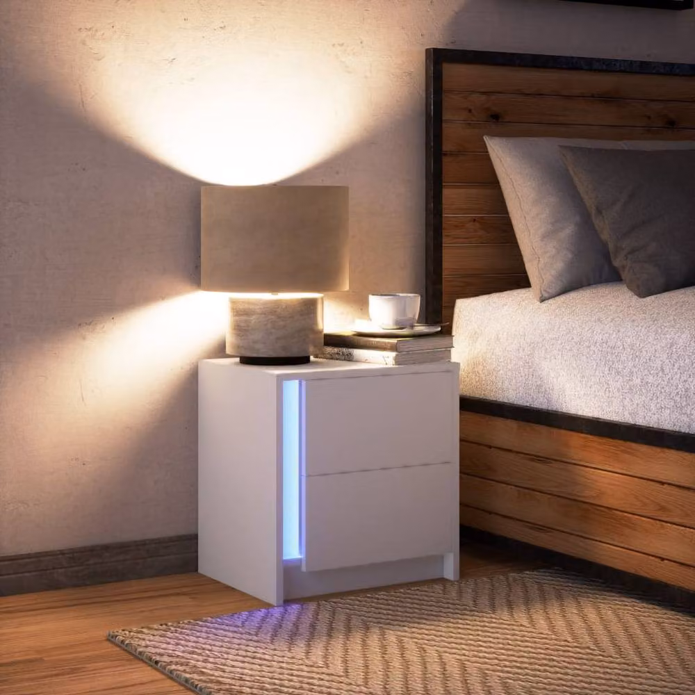 Berkfield Home Modern White Bedside Cabinet with Integrated LED Lighting and MDF Construction – 3
