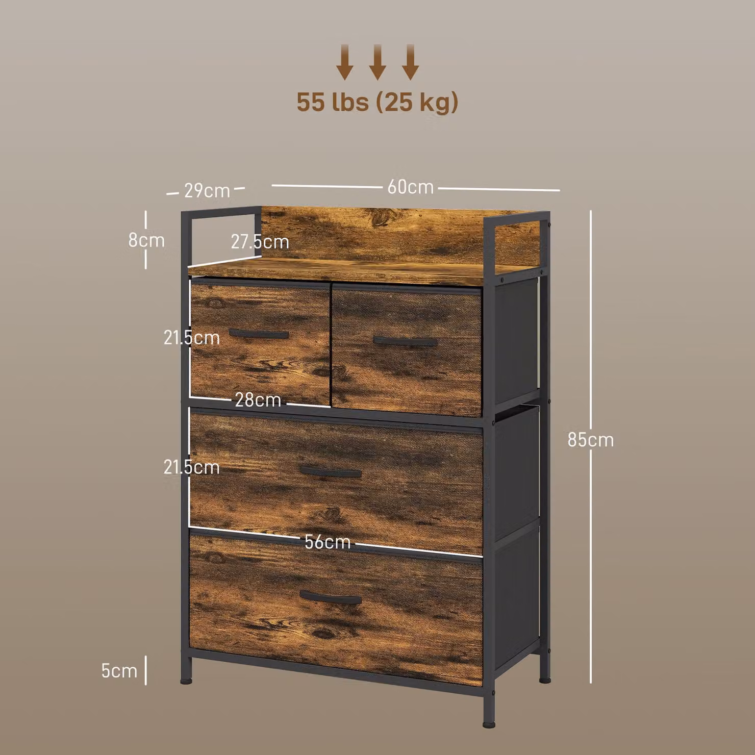 HOMCOM Brown 4 Drawer Bedroom Chest of Drawers with Open Shelf and Steel Frame – 3