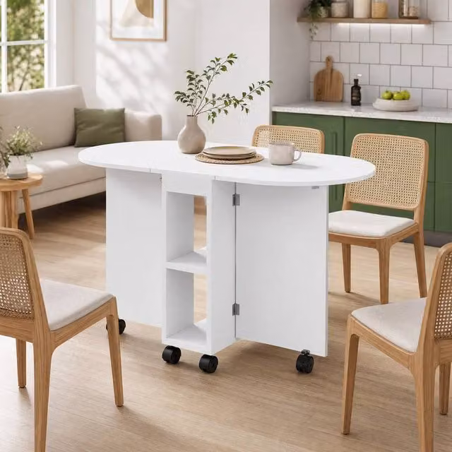 STILVORA Drop Leaf Dining Table with Storage and Castors in White – 1