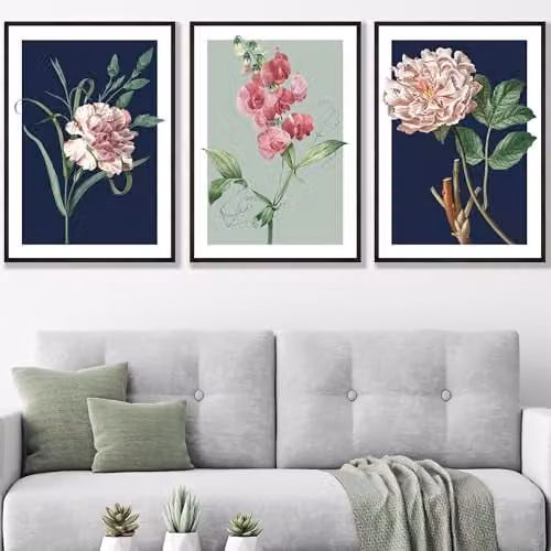 ARTZE Set of 3 Vintage Floral Wall Art Illustrations in Navy Blue and Sage Green with Black Wood Frames, W: 45 cm, H: 62 cm, D: 2 cm