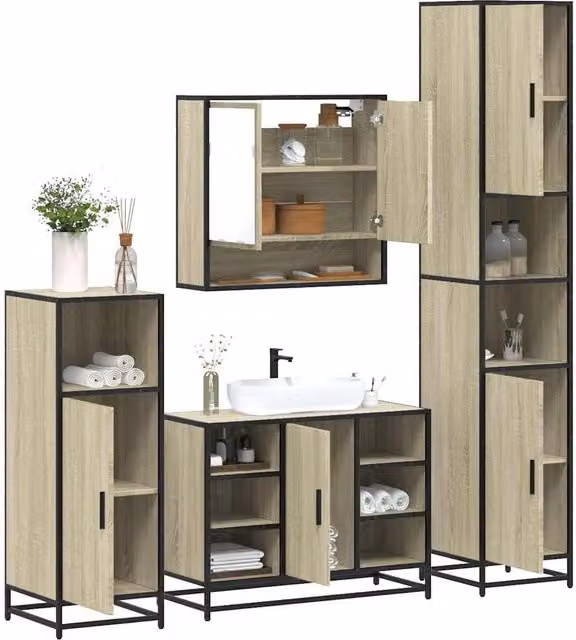 Berkfield Home 4-Piece Brown Sonoma Oak Bathroom Furniture Set with Vanity Unit and Mirror Cabinet – 1