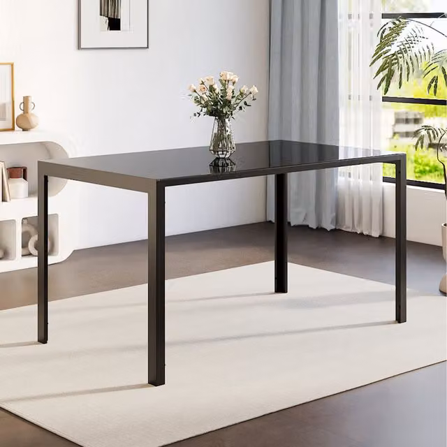 Komore Black Rectangular Dining Table with Glossy Tempered Glass Top, Width: 140 cm