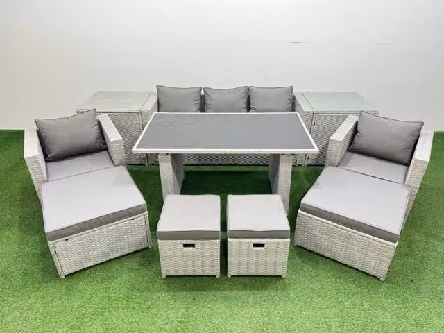 Fimous Modern Patio Garden Furniture Set with Light Grey Rattan and Black Glass Top Dining Table