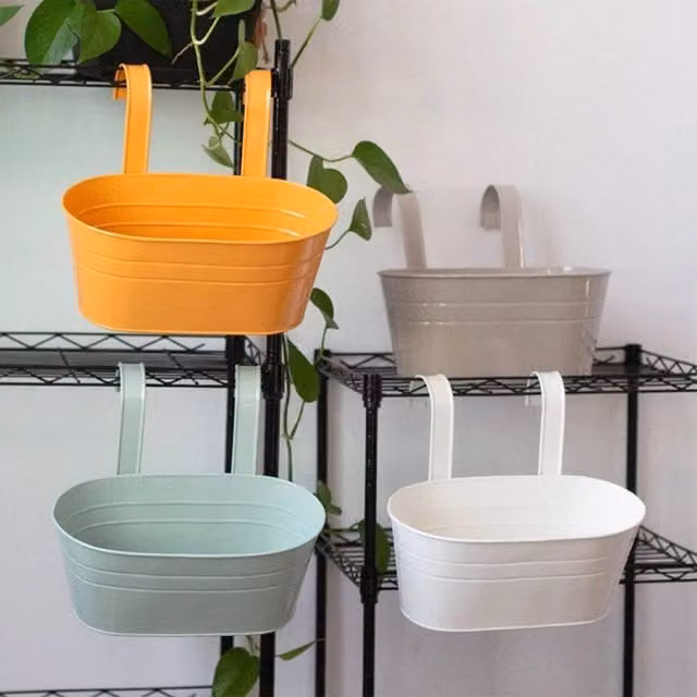 Hinsinc 4 Pack Oval Metal Hanging Flower Pot Planters in Orange