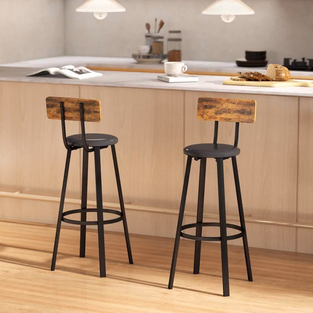 Wyld Haus Namto Set of 2 Industrial Bar Stools in Brown and Black with Synthetic Leather and Wood Effect Back – 8