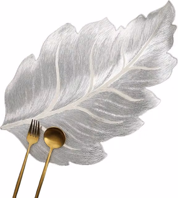 Latto Y096 Leaf Silver Modern PVC Non-Slip and Stain-Repellent Mat in Silver and Gold