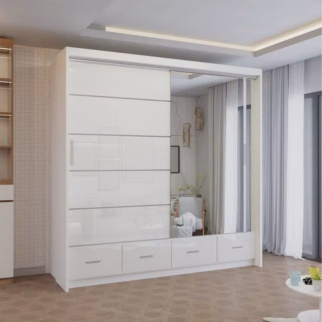 Sliding Wardrobes 4 u Kyoto Modern High Gloss Sliding Door Wardrobe with Integrated Drawers and LED Lighting in White, Width: 203 cm