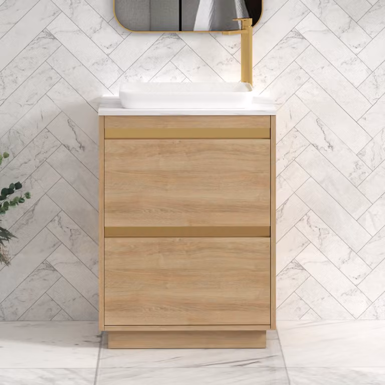 Royal Bathrooms Orion 2 Drawer Natural Oak Floor Standing Vanity Unit with Carrara White Top and Countertop Basin and Brushed Brass Accent Trim