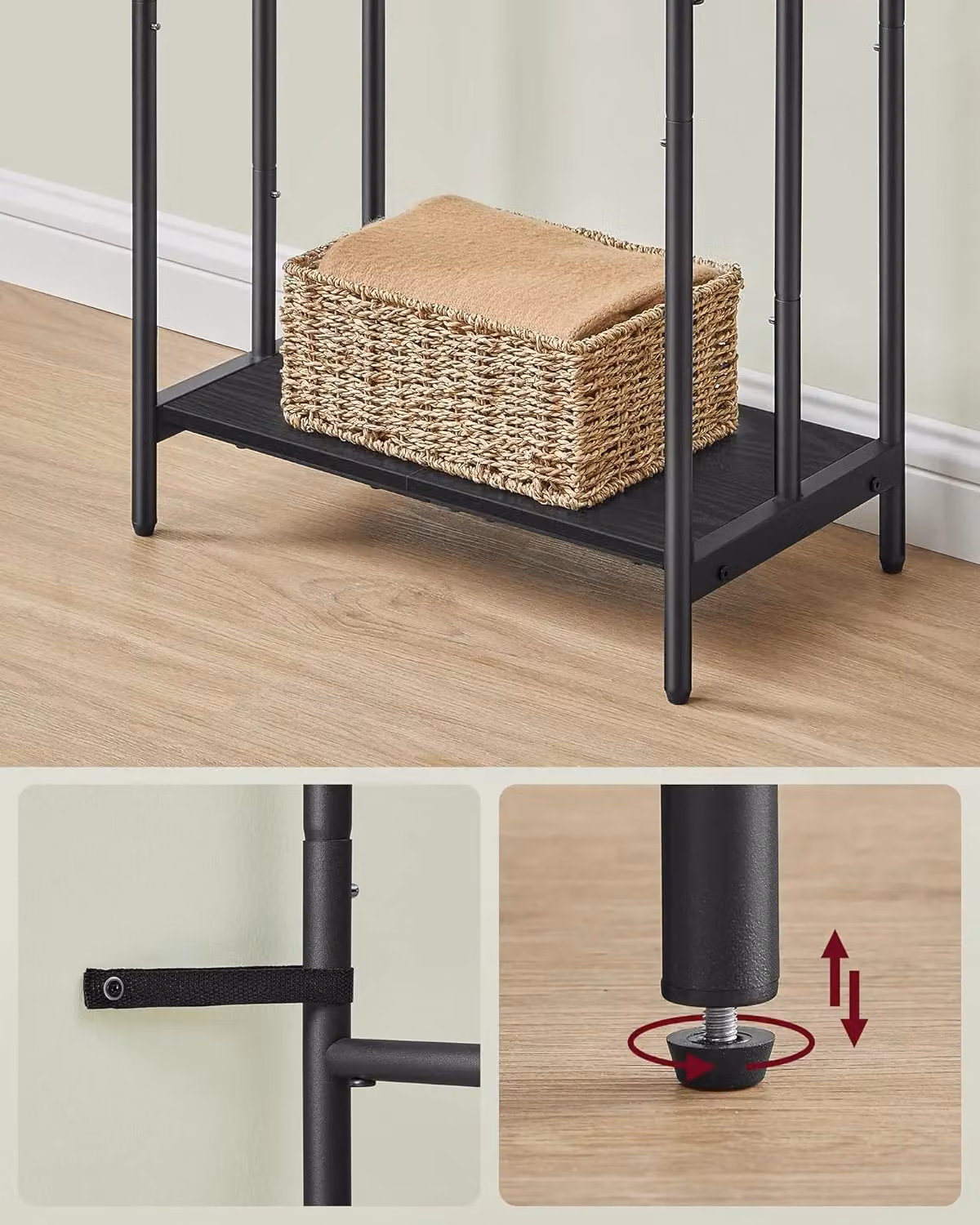 SONGMICS Compact Freestanding 3-Bar Towel Rack with 2 Hooks and Storage Shelf in Black – 4