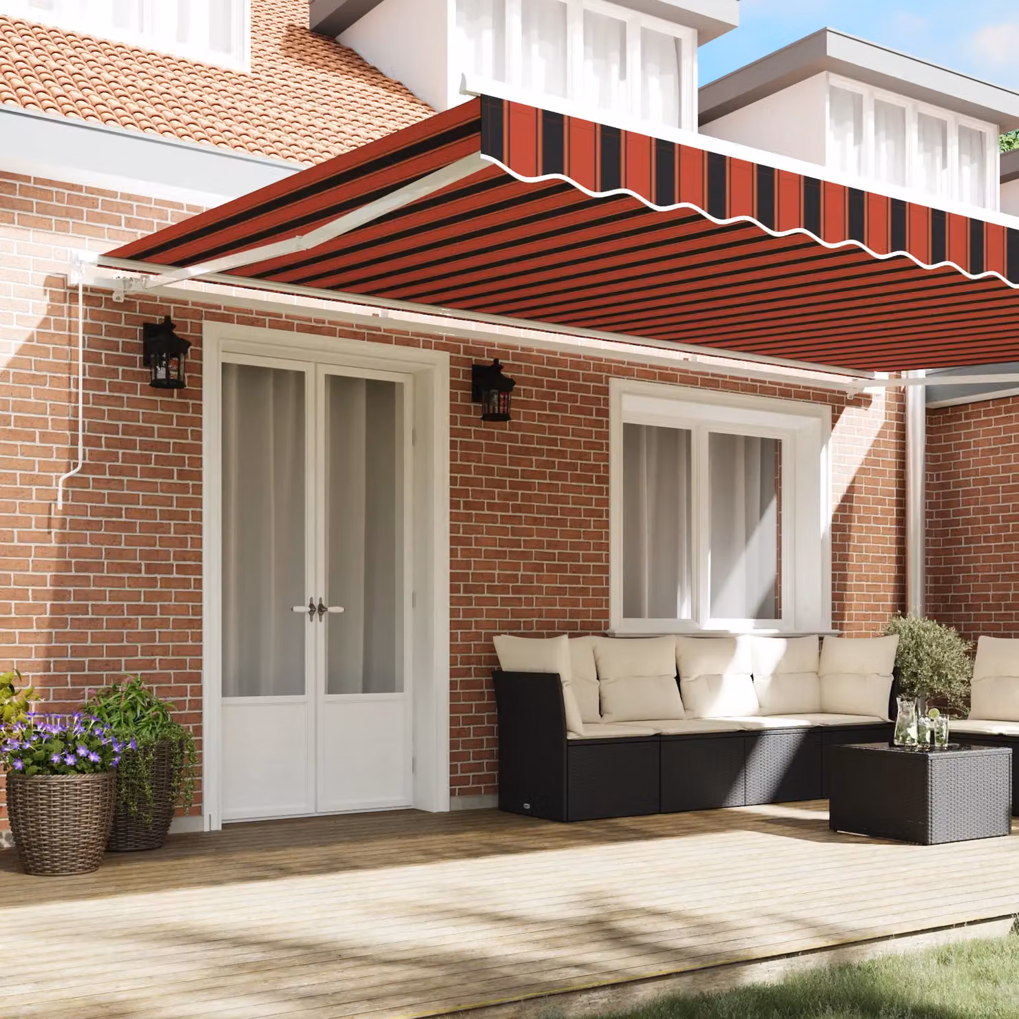 Berkfield Home Manual Retractable Striped Awning in Red, Orange and Brown, W/D/H: 500 x 300 x 300 cm – 3