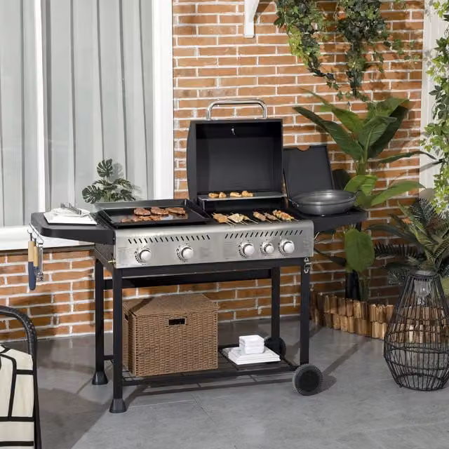 Outsunny 2-in-1 Gas BBQ and Plancha Grill with Side Burner and Thermometer in Black