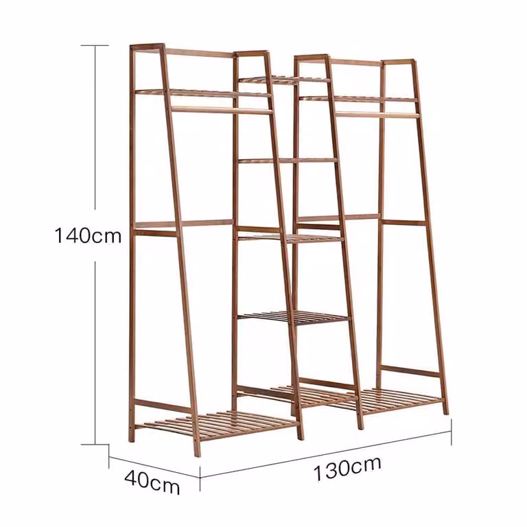 Kelvenix Brown Rustic Bamboo Clothes Rail Rack with Dual Hook and Rail Matrix
