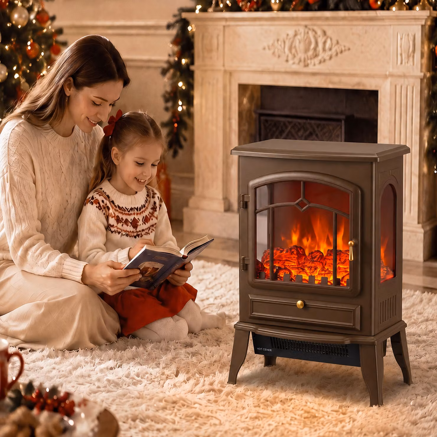 HOMCOM Brown 3-Sided Freestanding Electric Fireplace Stove with 3D Flame Log and Thermostat, 1000/2000W – 7
