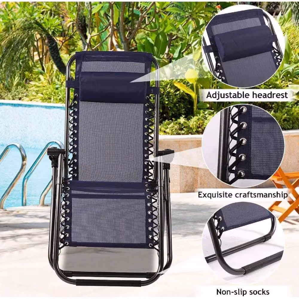 EONLION Set of 2 Blue Reclining Outdoor Sun Loungers with Adjustable Headrest and Textilene Fabric – 3