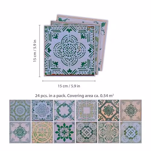 WALPLUS Vintage Green Antique Azulejo Tile Stickers, 24 Pack Geometric Square Self Adhesive Waterproof Decals, 15 x 15 cm – 3