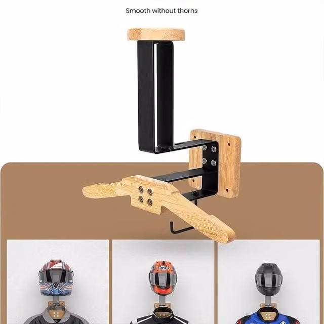 Kelvenix Brown Stainless Steel and Wood Wall Mounted Motorcycle Helmet Rack – 1