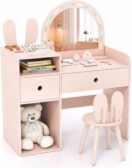FORGEVIO Pink Vanity Table and Chair Set with Hollywood LED Lighted Mirror for Children's Rooms