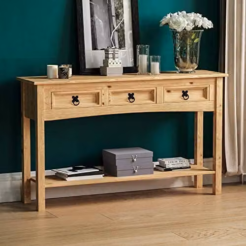 Vida Designs Corona 3 Drawer Console Table in Rustic Brown and Black Solid Pine Wood, W: 123 cm, D: 34 cm, H: 73 cm – 1