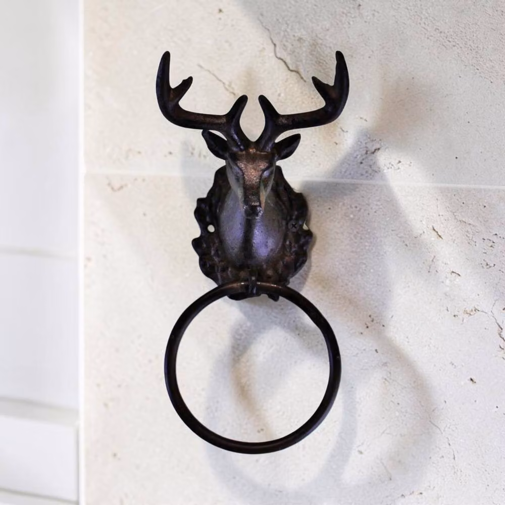Four Candle Rustic Cast Iron Stag Head Wall Mounted Towel Ring, Brown, 21 cm – 2