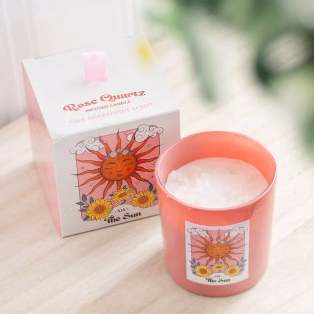Uniqueful The Sun Rose Quartz Crystal Chip Pillar Candle in Pink