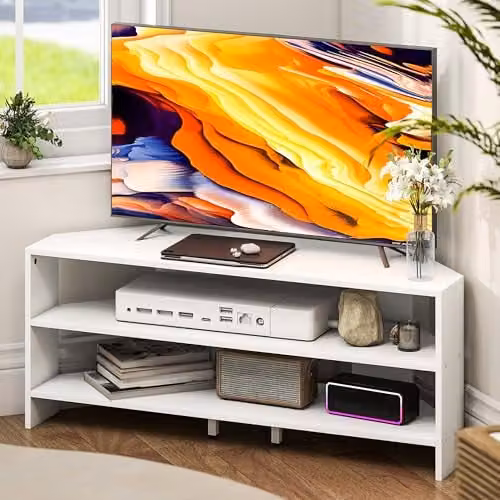HOMCOM Modern White Corner TV Stand for Televisions up to 110 cm – 1