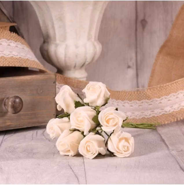 KDMD Ivory White Foam Tea Rose Buds, 4 Pack of 8 Round Roses