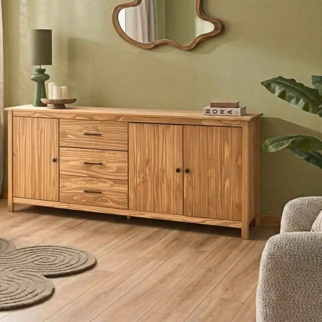 Wyld and Coco Scandinavian Pine Sideboard in Brown with 3 Drawers and 2 Cupboards, W/D/H: 190 x 40 x 80 cm